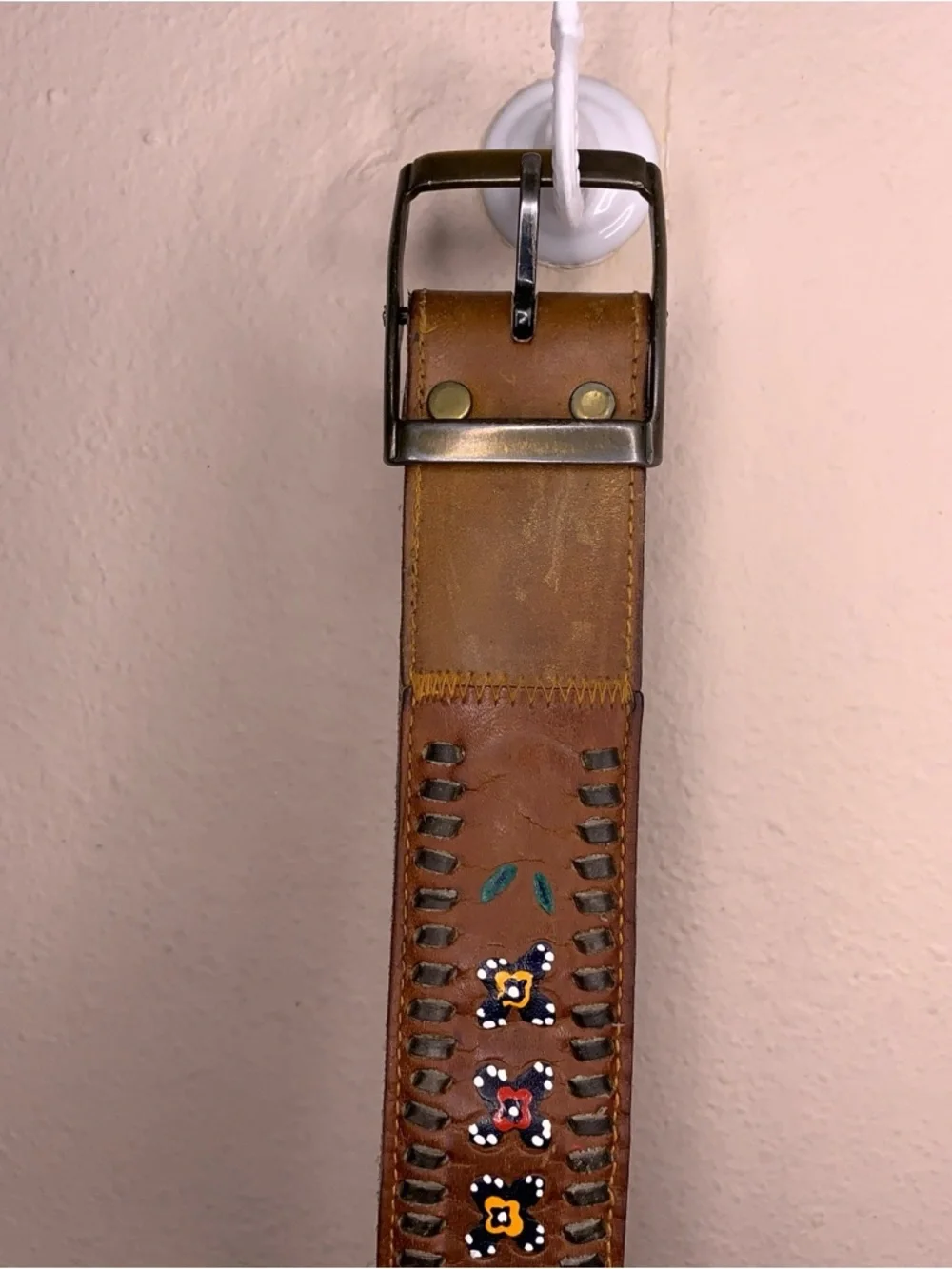Vintage Lyntone Tan Brown Leather Belt Western Floral Accent Painted Steerhide